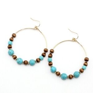 Goldtone, Turquoise Wood Bead Hooped Earrings
